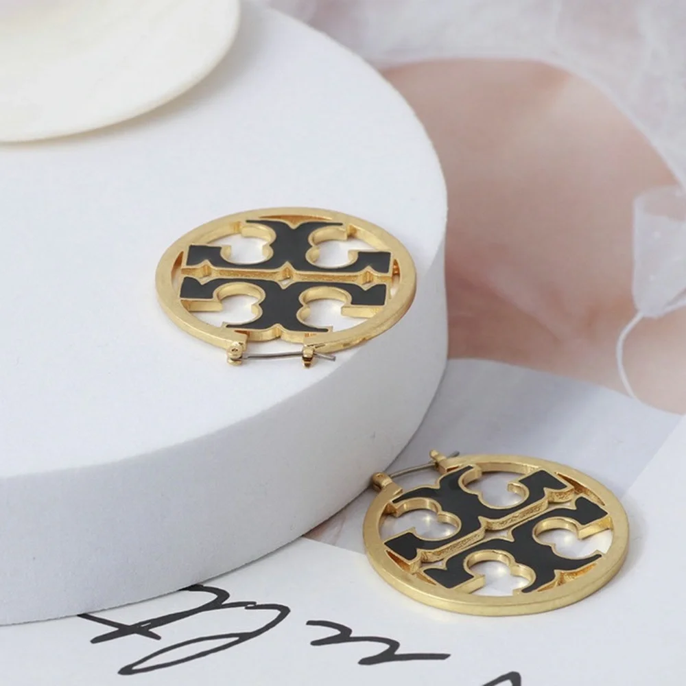 Tory Burch Gold and Black Logo Disc Drop Earrings